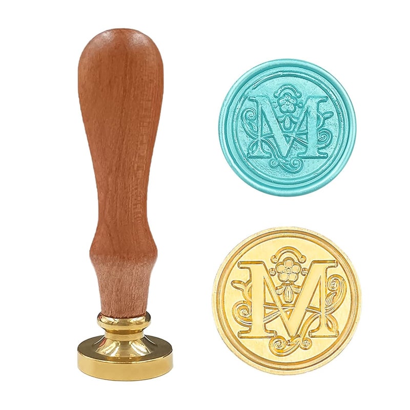 krastmon Medieval Traditional Initial Alphabet Wax Seal Stamp, Brass Head Wooden Handle Letter Stamps for Card/Envelope/Gift - (Letter M) - Image 1